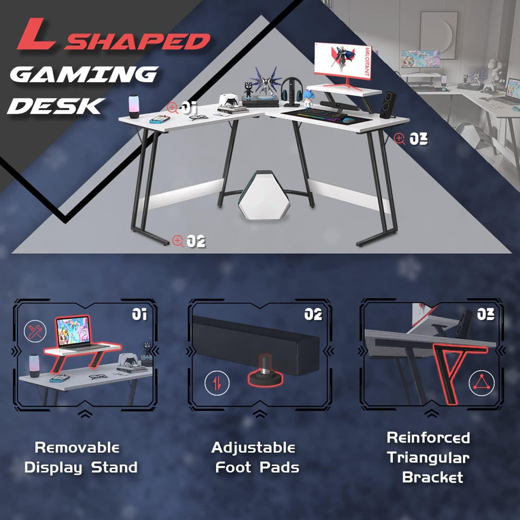 L Shaped Gaming Desk 51 Inch Monitor Riser Classical White