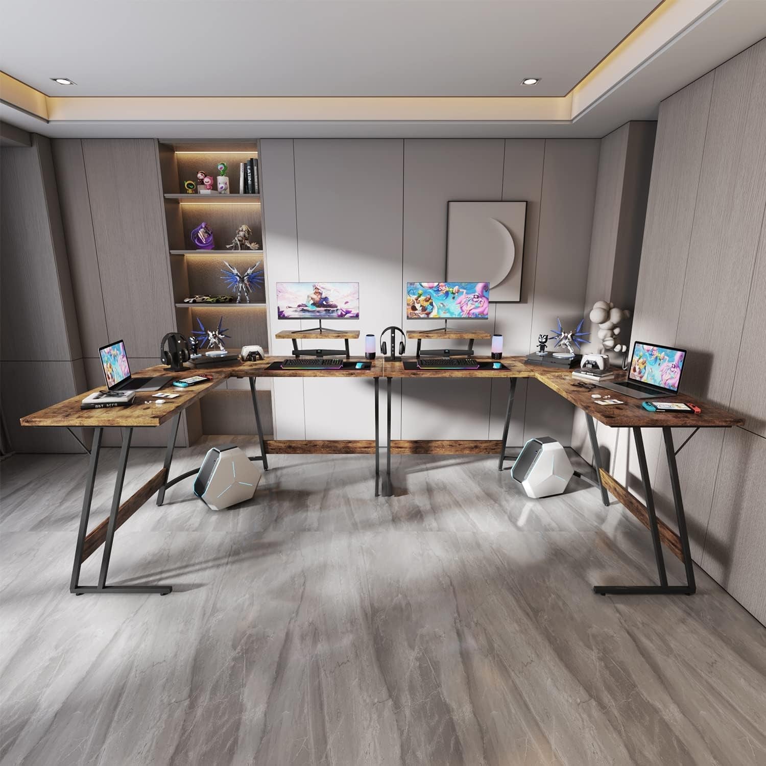 L Shaped Gaming Desk 51 Inch With Monitor Riser Brown