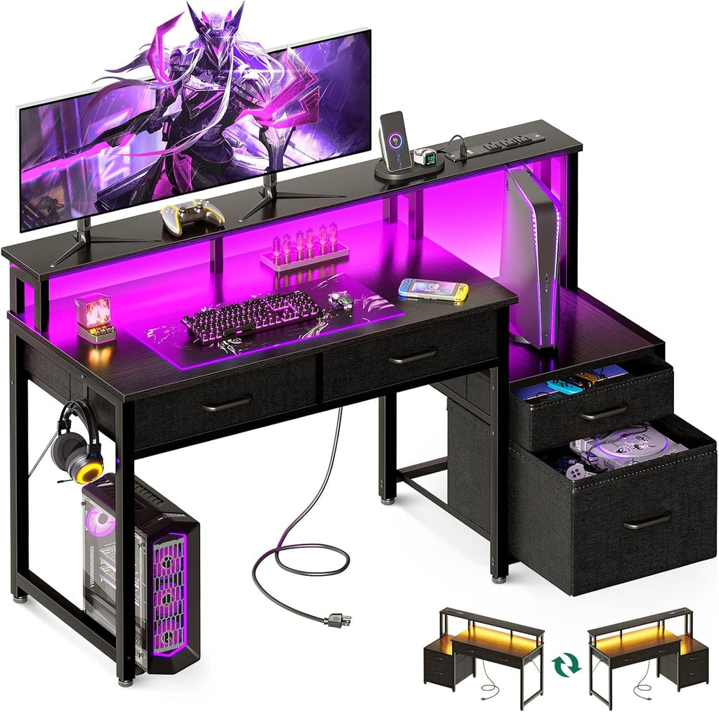 48-Inch Black Gaming Desk With LED Lights And Power Outlets