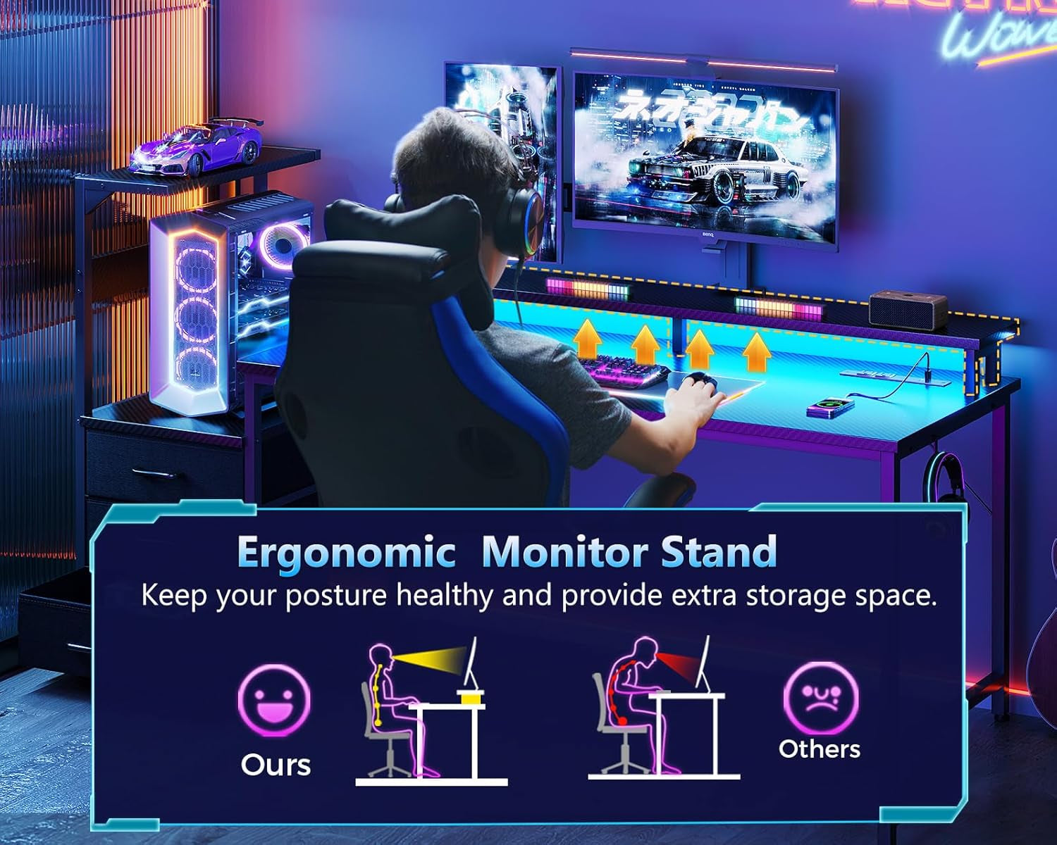 59 Inch Gaming Desk With USB Ports And LED Lighting