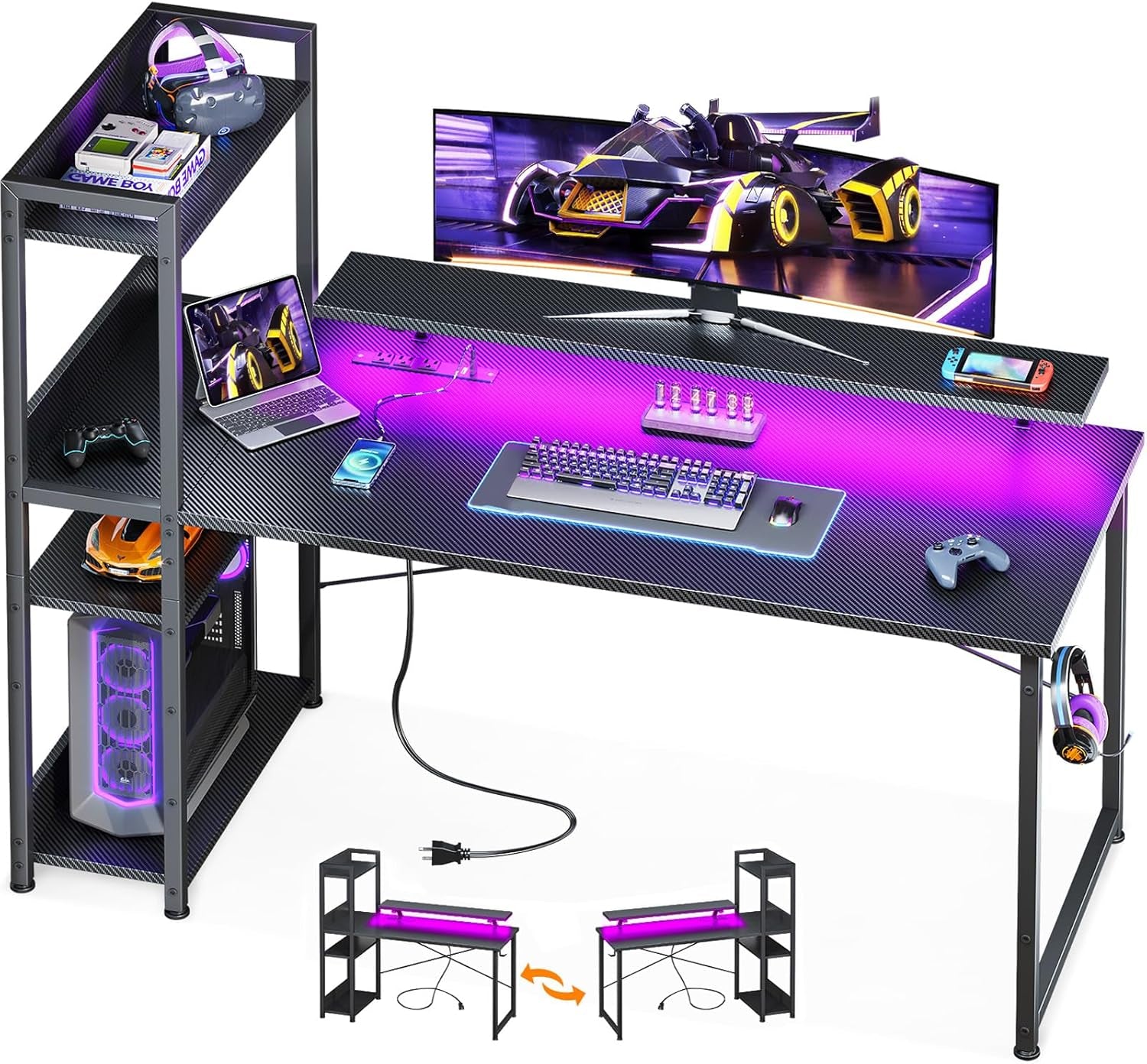 55 Inch Reversible Gaming Desk USB Charging LED Lights