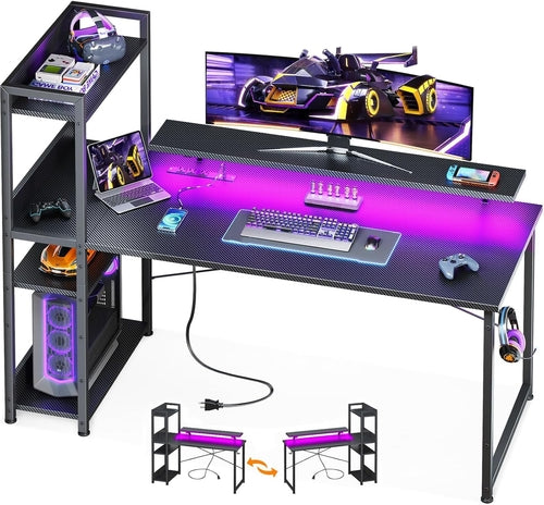 55 Inch Reversible Gaming Desk USB Charging LED Lights