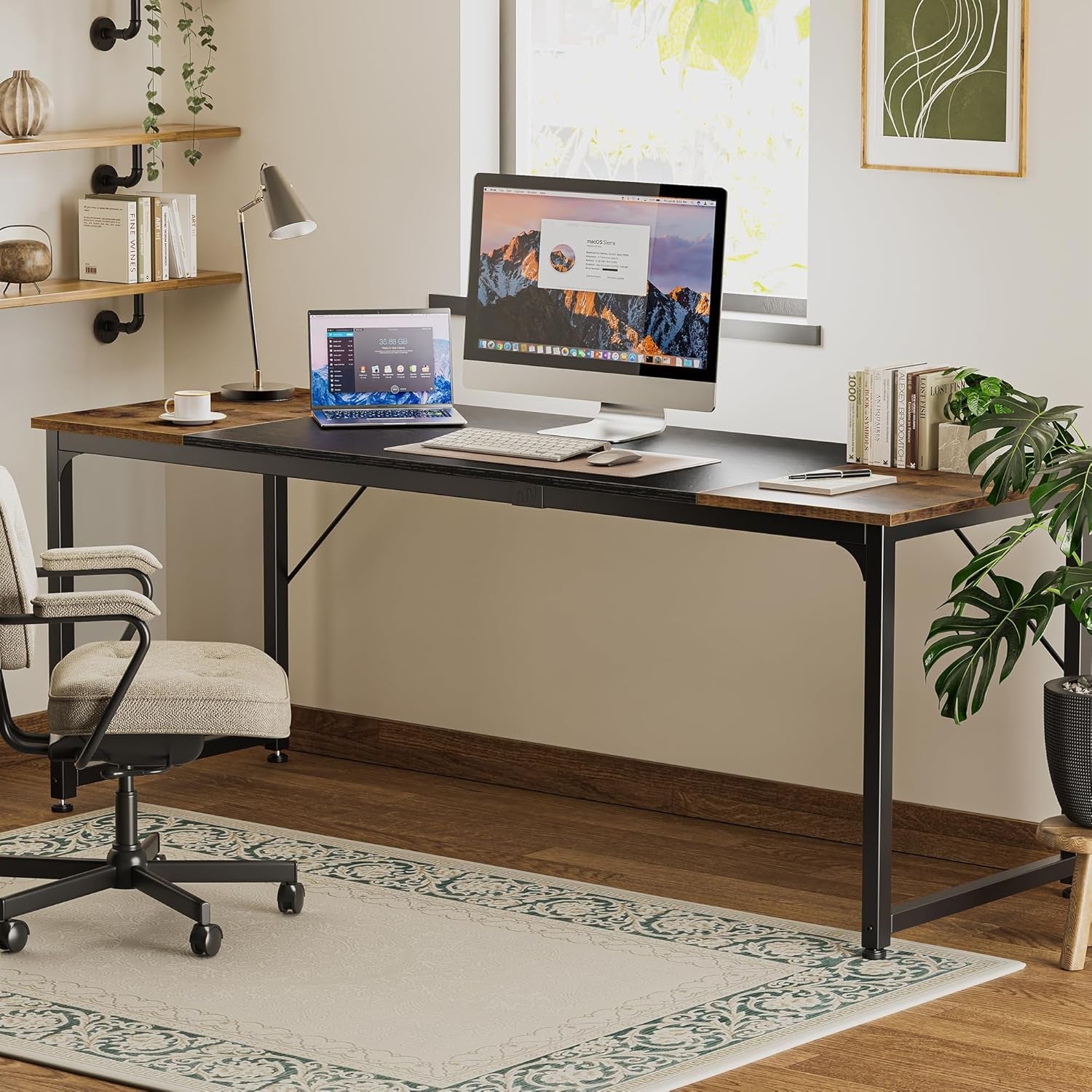 80 Inch Rustic Brown And Black Gaming Desk With Storage