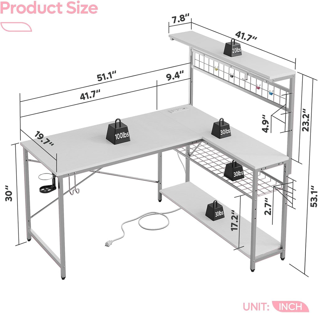 51 Inch L Shaped Gaming Desk With LED Lights And Outlets