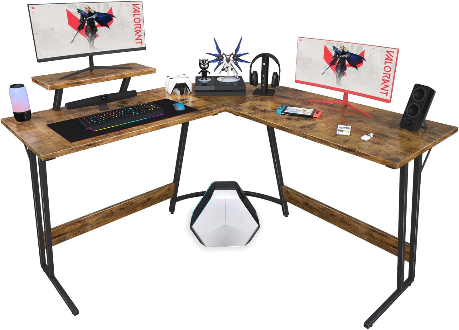 L Shaped Gaming Desk 51 Inch With Monitor Riser Brown