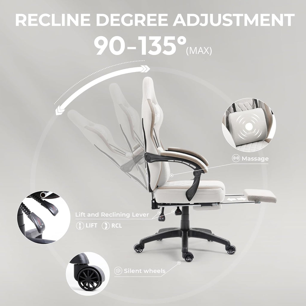 Beige Gaming Chair With Pocket Spring Cushion And Gel Pad