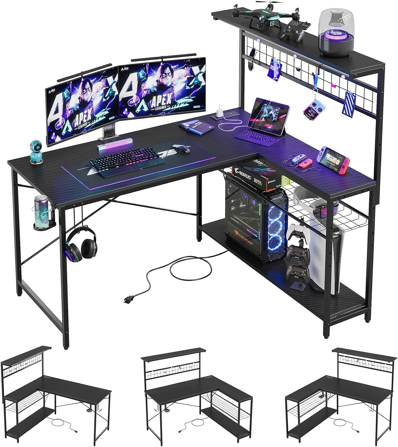51-Inch L-Shaped Gaming Desk With LED Lights For Office