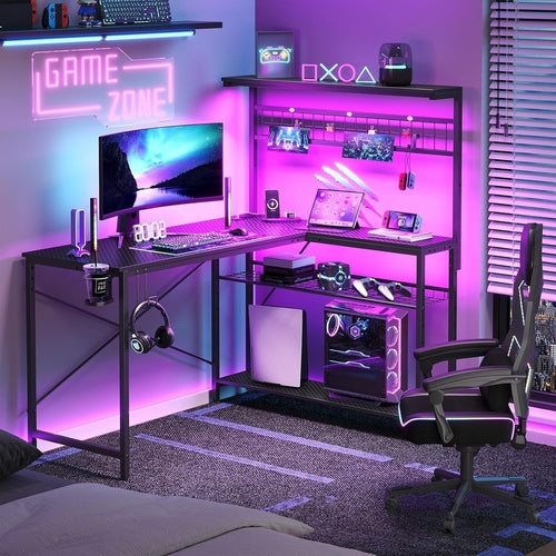 51-Inch L-Shaped Gaming Desk With LED Lights For Office