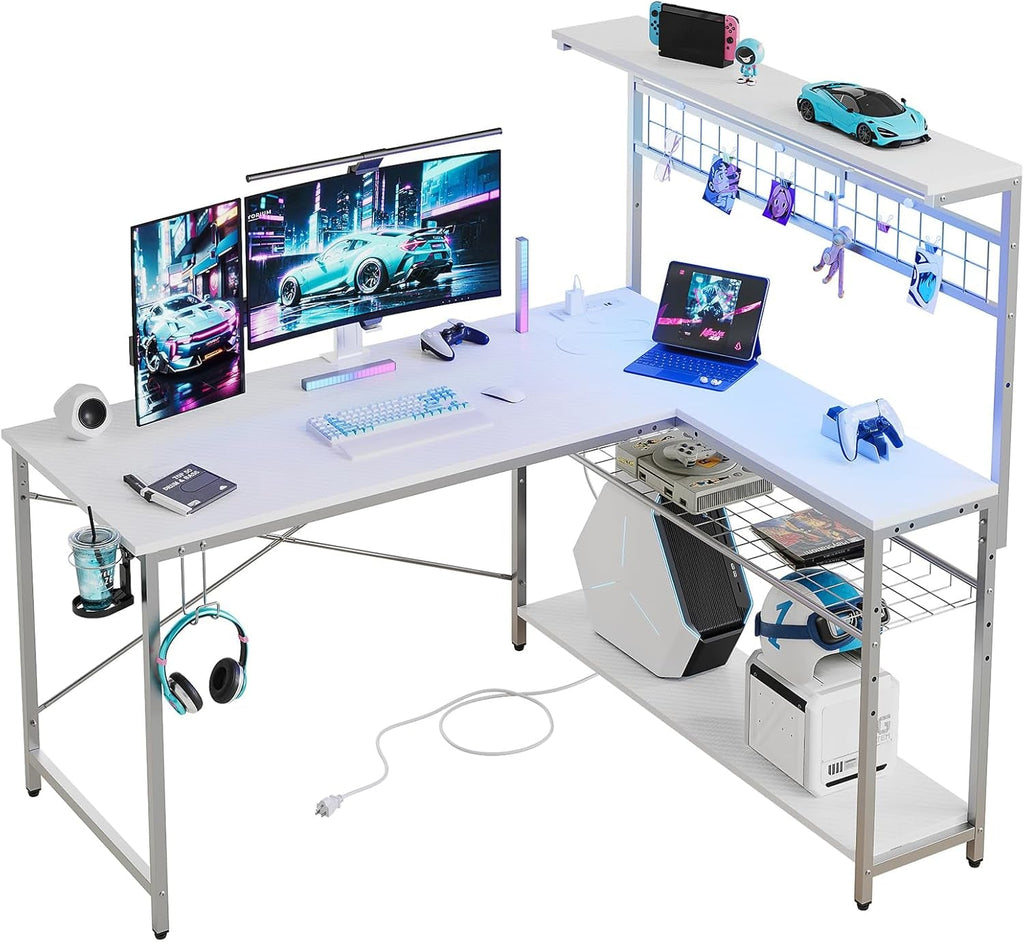 51 Inch L Shaped Gaming Desk With LED Lights And Outlets