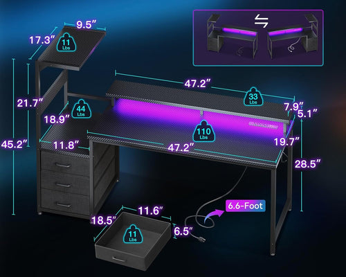 59 Inch Gaming Desk With USB Ports And LED Lighting