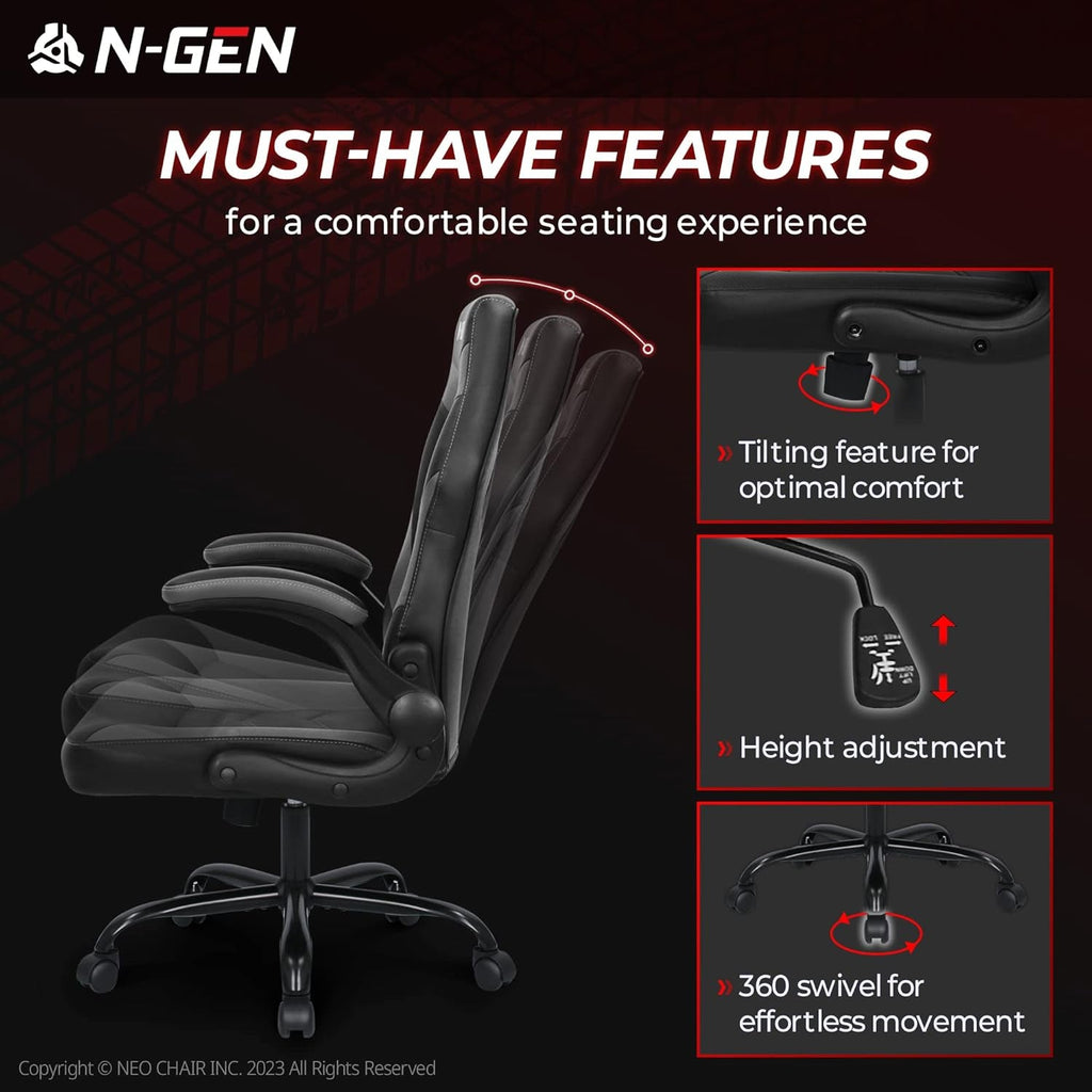 N-GEN Ergonomic Gaming Chair With Lumbar Support Gray PU Leather