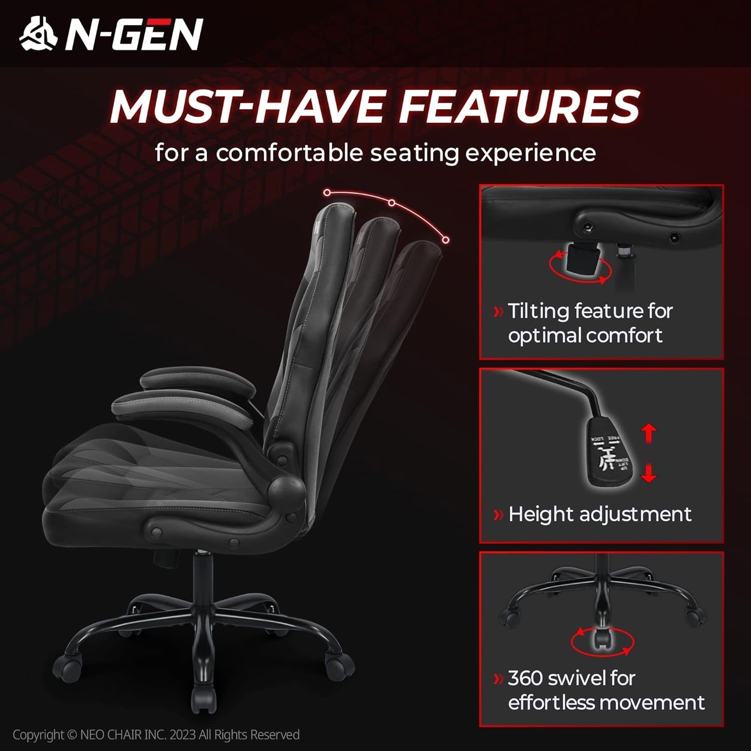 N-GEN Ergonomic Gaming Chair With Lumbar Support Gray PU Leather