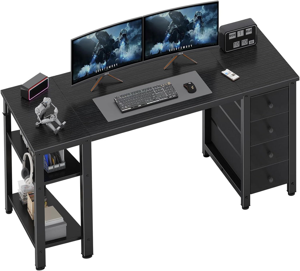 55 Inch Gaming Desk With Fabric Drawers And Shelves Black