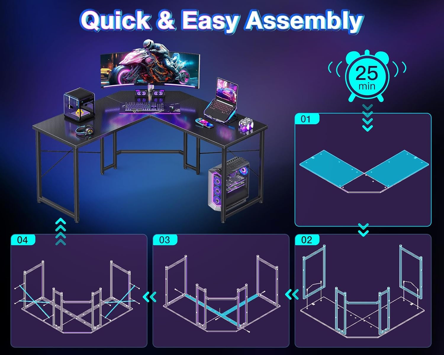 L Shaped Gaming Desk 51 Inch Computer Desk Carbon Fiber